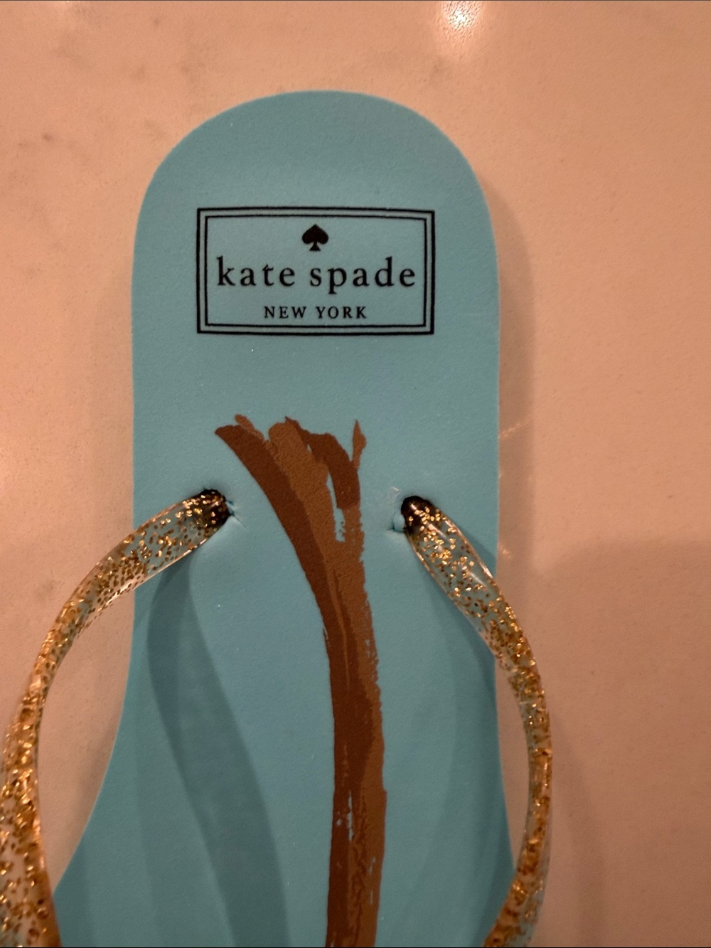 kate spade light blue flip flops with green palm and gold glitter straps - Picture 2 of 6